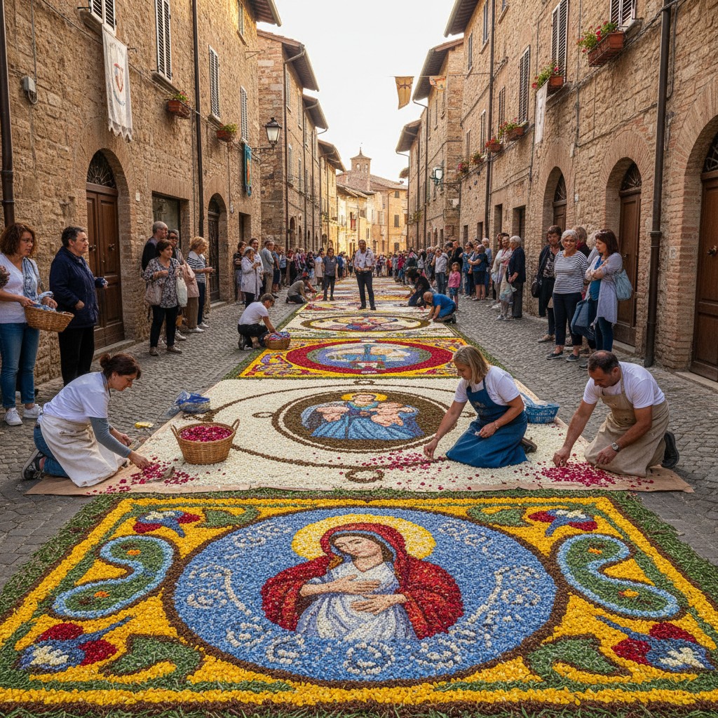 A Spello tornano le artistiche Infiorate del Corpus Domini: milioni di petali variopinti ed eventi unici